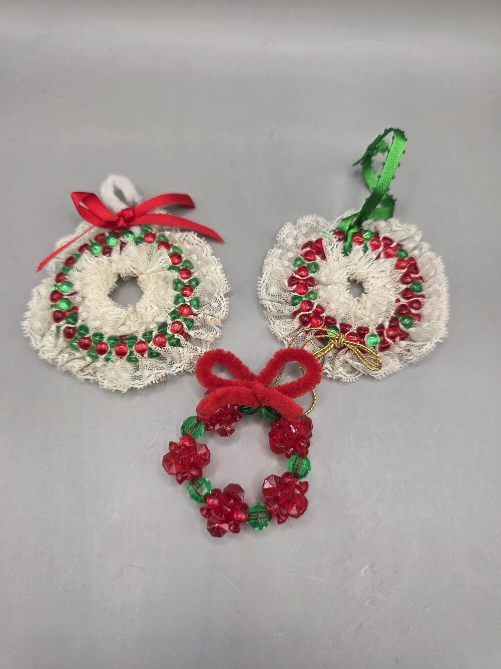 Vintage Handmade Beaded Christmas Wreath Ornaments Lot of 3 Lace Plastic Beads
